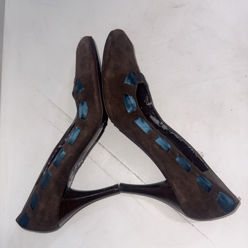 MASSIMO BALDI ITALY Ribbon Brown Sueded LEATHER PUMPS HEELS Shoes Sz 9 B - Picture 6 of 13